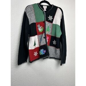 CRYSTAL KOBE Womens Size L Sweater VTG Snowman Tree Christmas Presents Patchwork